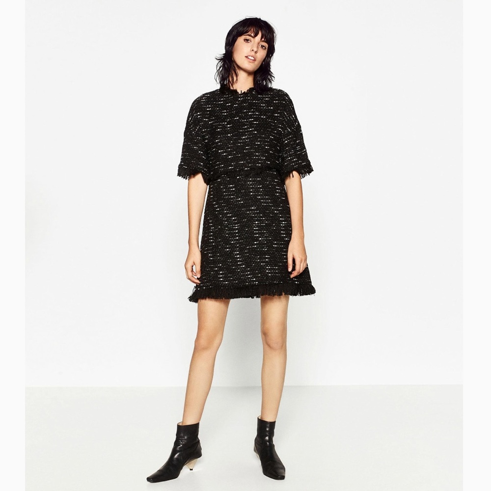ZARA Black Short Sleeve Dress S tweed mini classic elegant